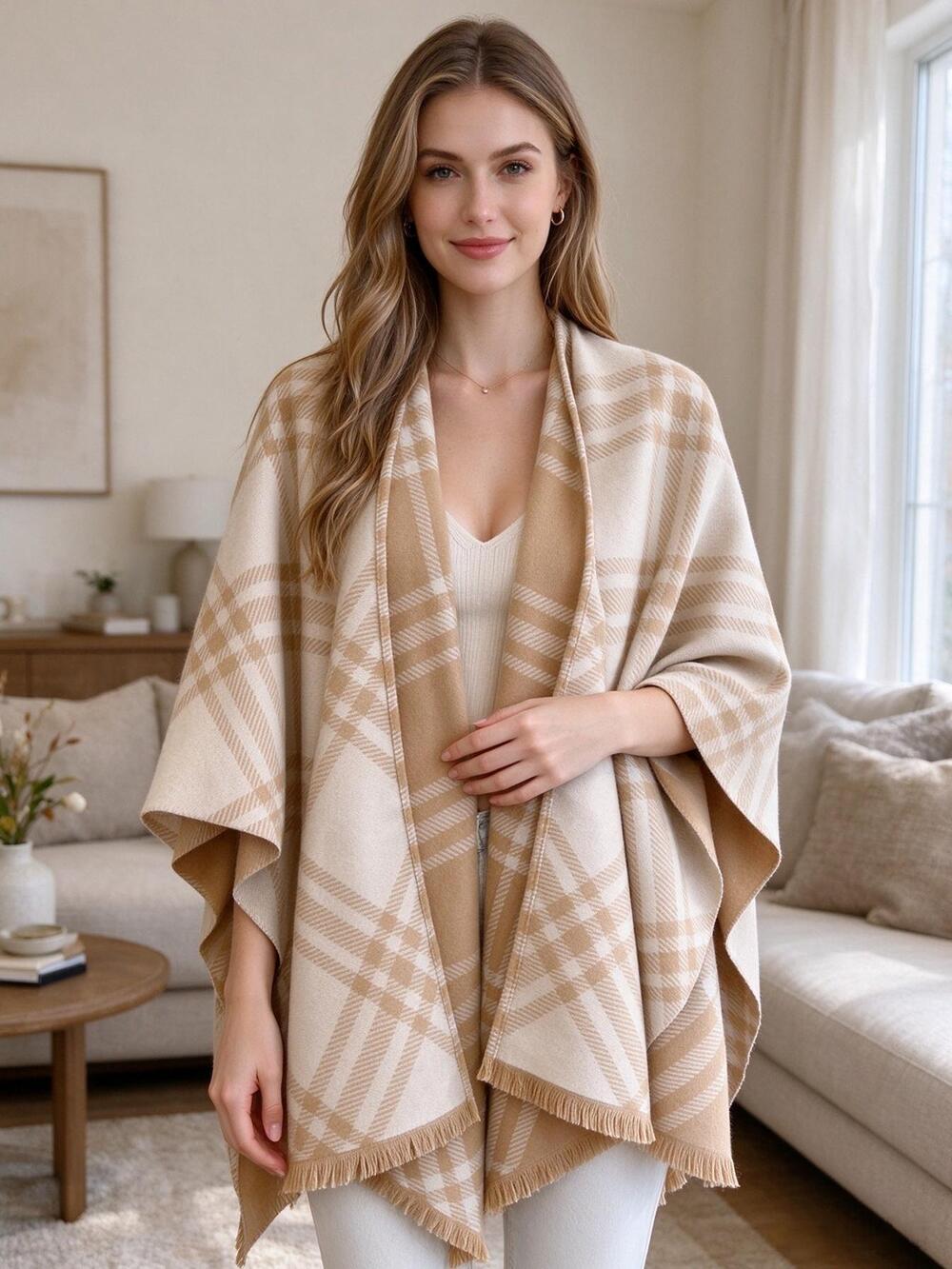 Burberry Reversible Camel Ivory Plaid Wool Cape Poncho Fringe Hem